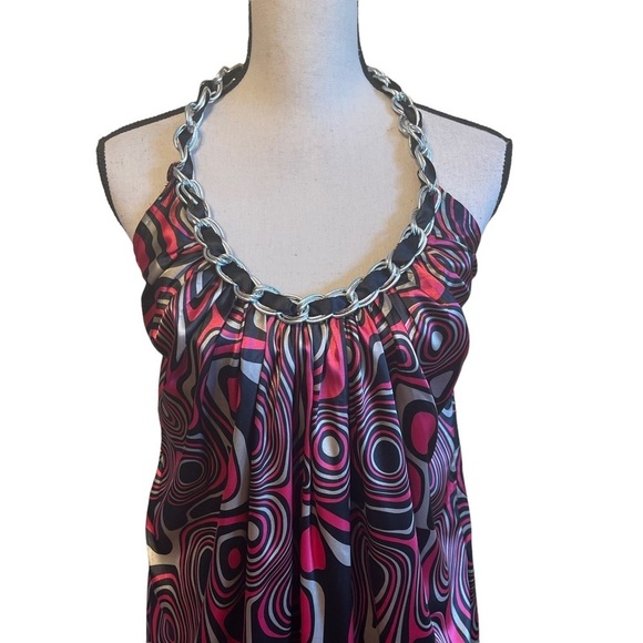 Aziz Retro Y2K Satin 60's Go-go Psychedelic Print Mini Halter Dress Women's S - Picture 4 of 10